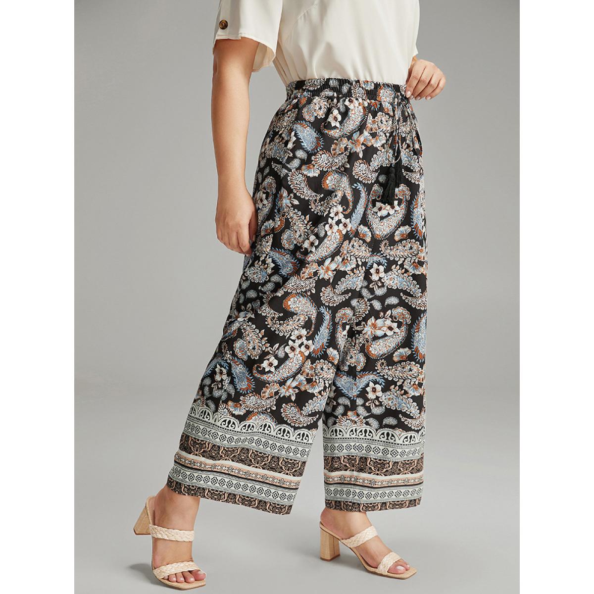Plus Size Boho Print Tassel Elastic Waist Pants Women Black Resort Straight Leg High Rise Vacation Pants BloomChic 14-16/1X Product Image