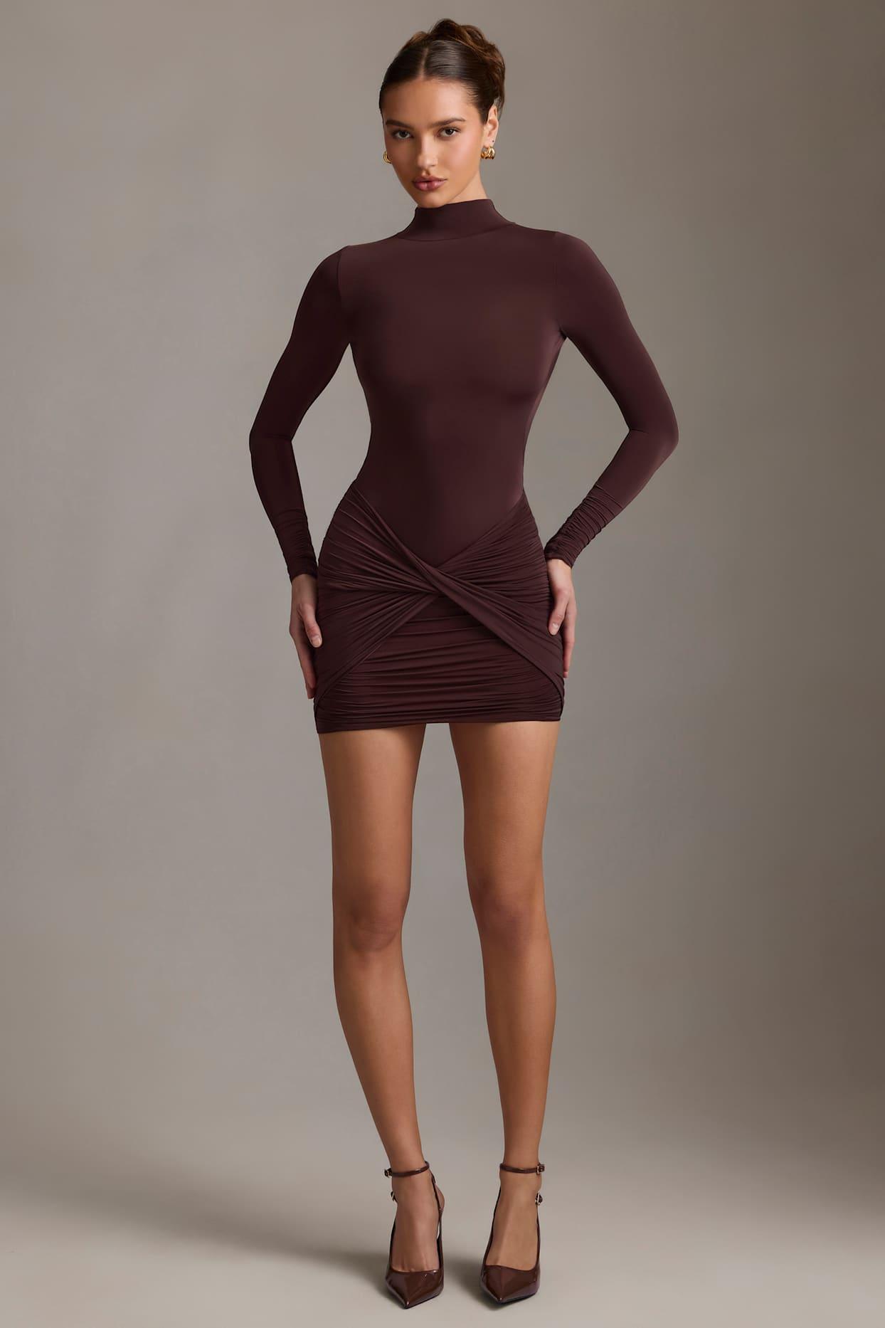 Ruched Backless Turtleneck Mini Dress in Chocolate Brown Product Image