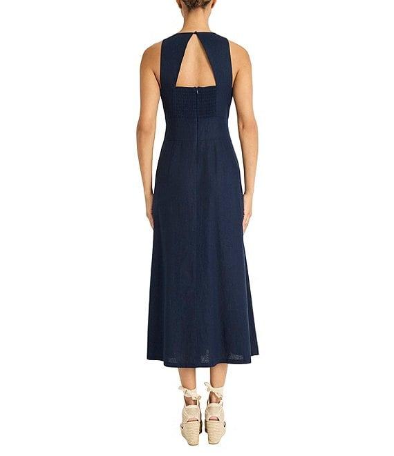 Maggy London Crew Neck Sleeveless Cut Out Back Linen Blend Midi Dress Product Image