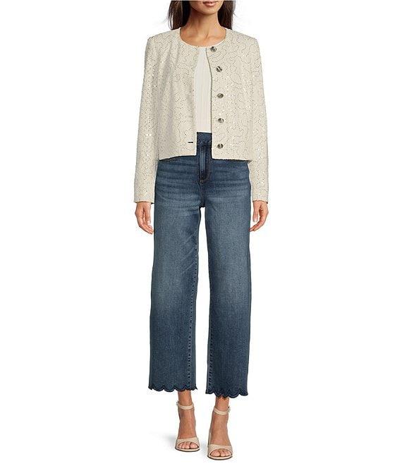 KARL LAGERFELD PARIS Sequin Round Neck Long Sleeve Button Front Jacket Product Image