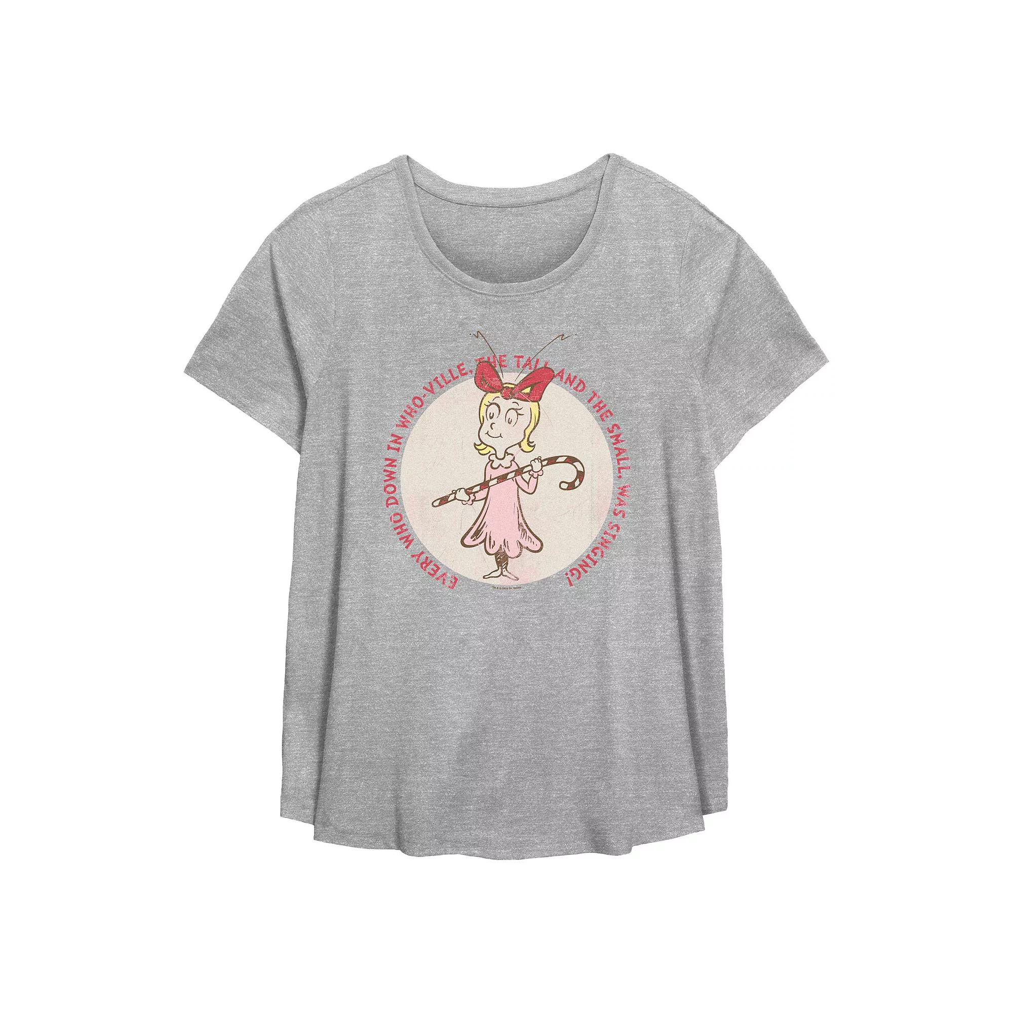 Plus Size Dr. Seuss Grinch Cindy Lou Who Stamp Flowy Graphic Tee, Womens Grey Gray Product Image