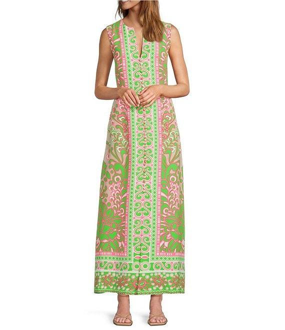 Trina Turk Novak Placed Print V-Neck Sleeveless Button Front Maxi Dress Product Image