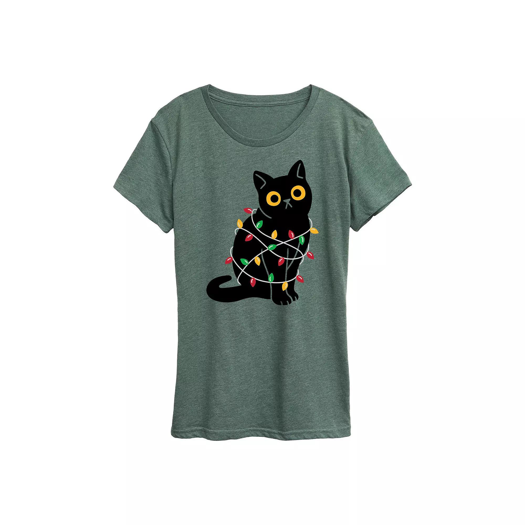 Women's Cat Wrapped In Christmas Lights Graphic Tee, Girl's, Size: Small, Green Product Image