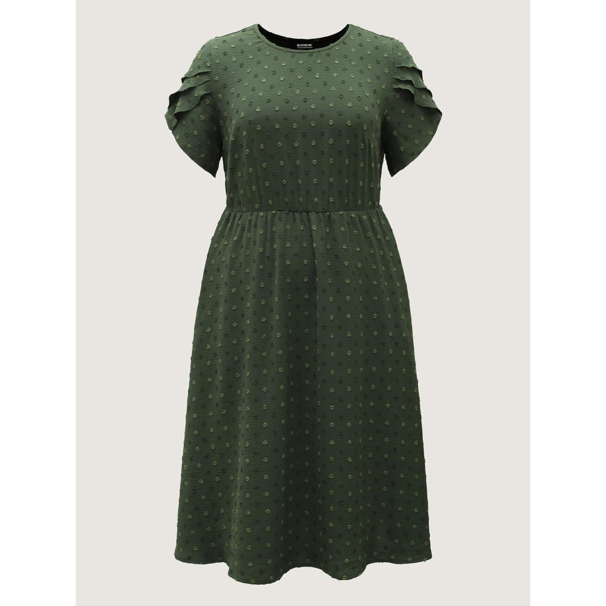 Plus Size Ruffled Textured Layered Sleeve Midi Dress ArmyGreen Women Round Neck Short sleeve Curvy BloomChic 26/4X Product Image