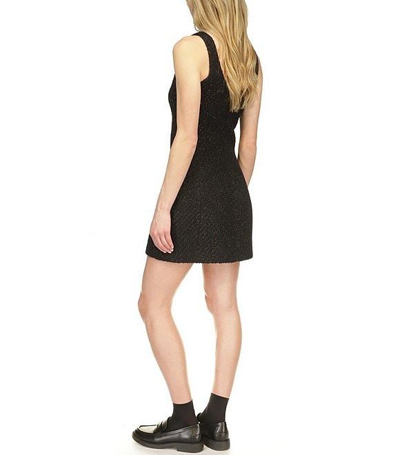 Michael Kors Eyelash Tweed Scoop Neck Sleeveless Gold Button Mini Dress Product Image