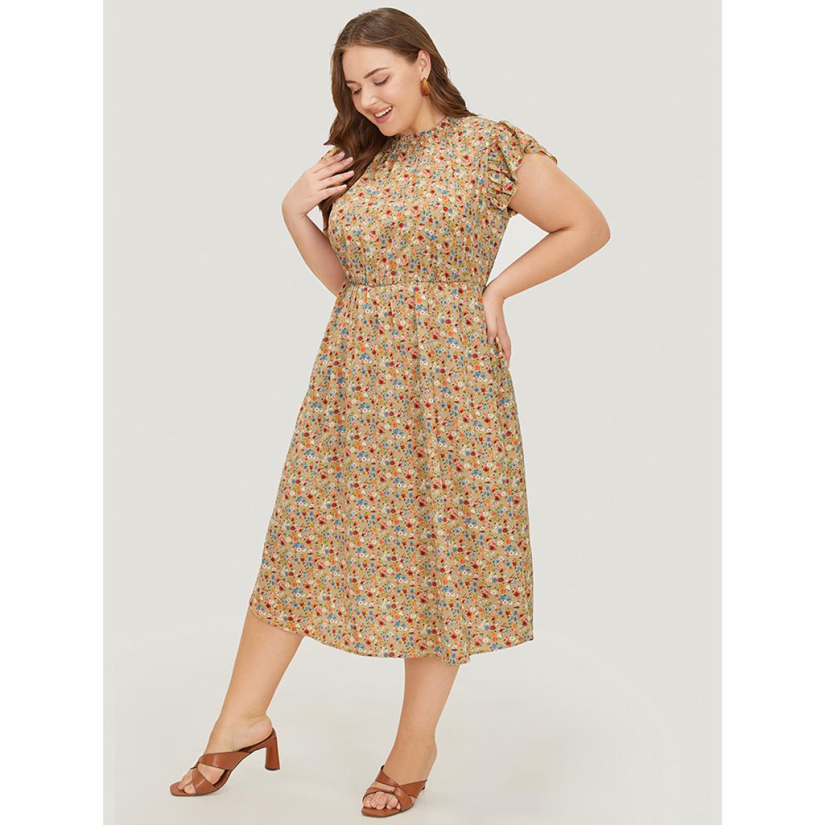 Plus Size Ditsy Floral Ruffle Sleeve Pocket Frill Trim Mock Neck Dress Tan Women Elegant Pocket Mock Neck Half Sleeve Curvy Midi Dress BloomChic 22-24/3X Product Image