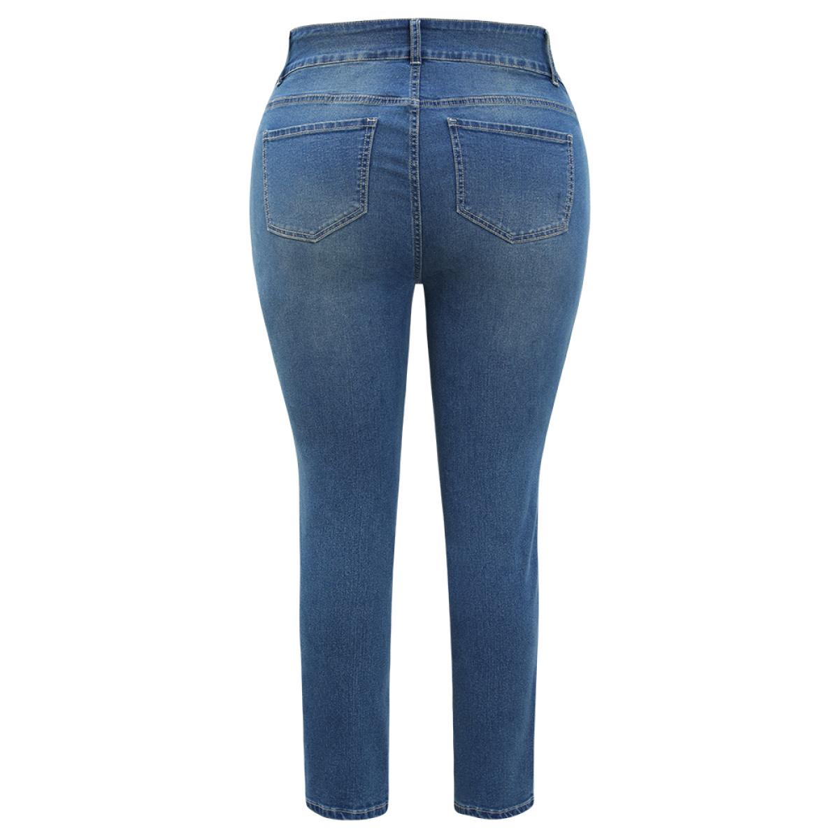 Plus Size Very Stretchy High Rise Medium Wash Paint Patched Jeans Women Blue Casual Plain Printed High stretch Pocket Jeans BloomChic 22/3X Product Image
