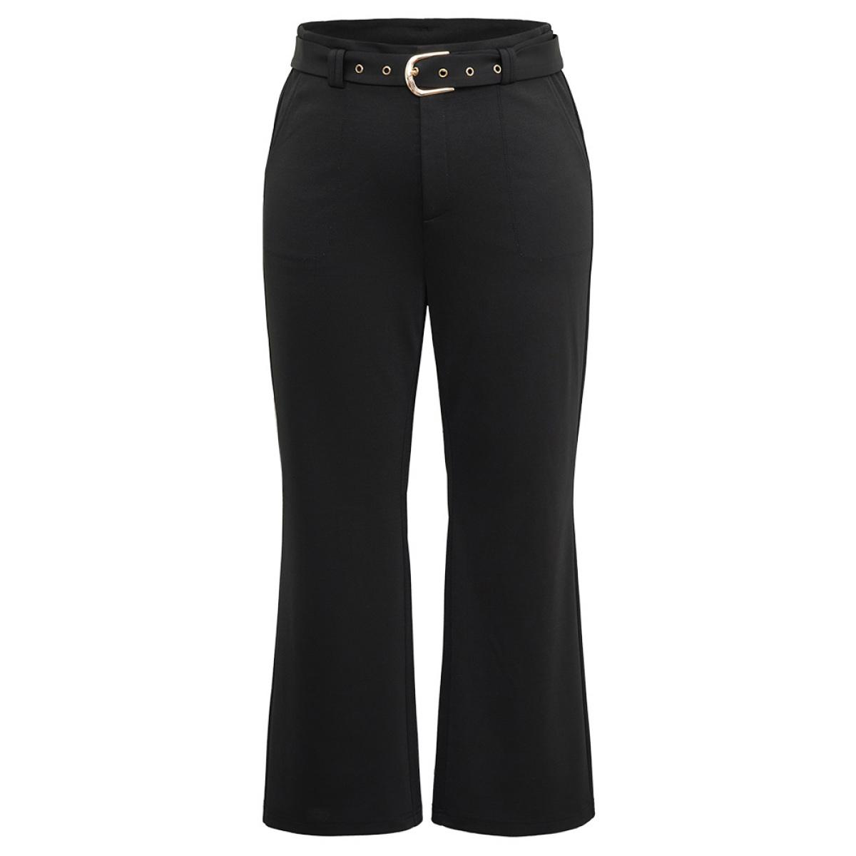 Plus Size Solid High Rise Belted Bootcut Pants Women Black At the Office Flare Leg High Rise Office Pants BloomChic 14-16/1X Product Image