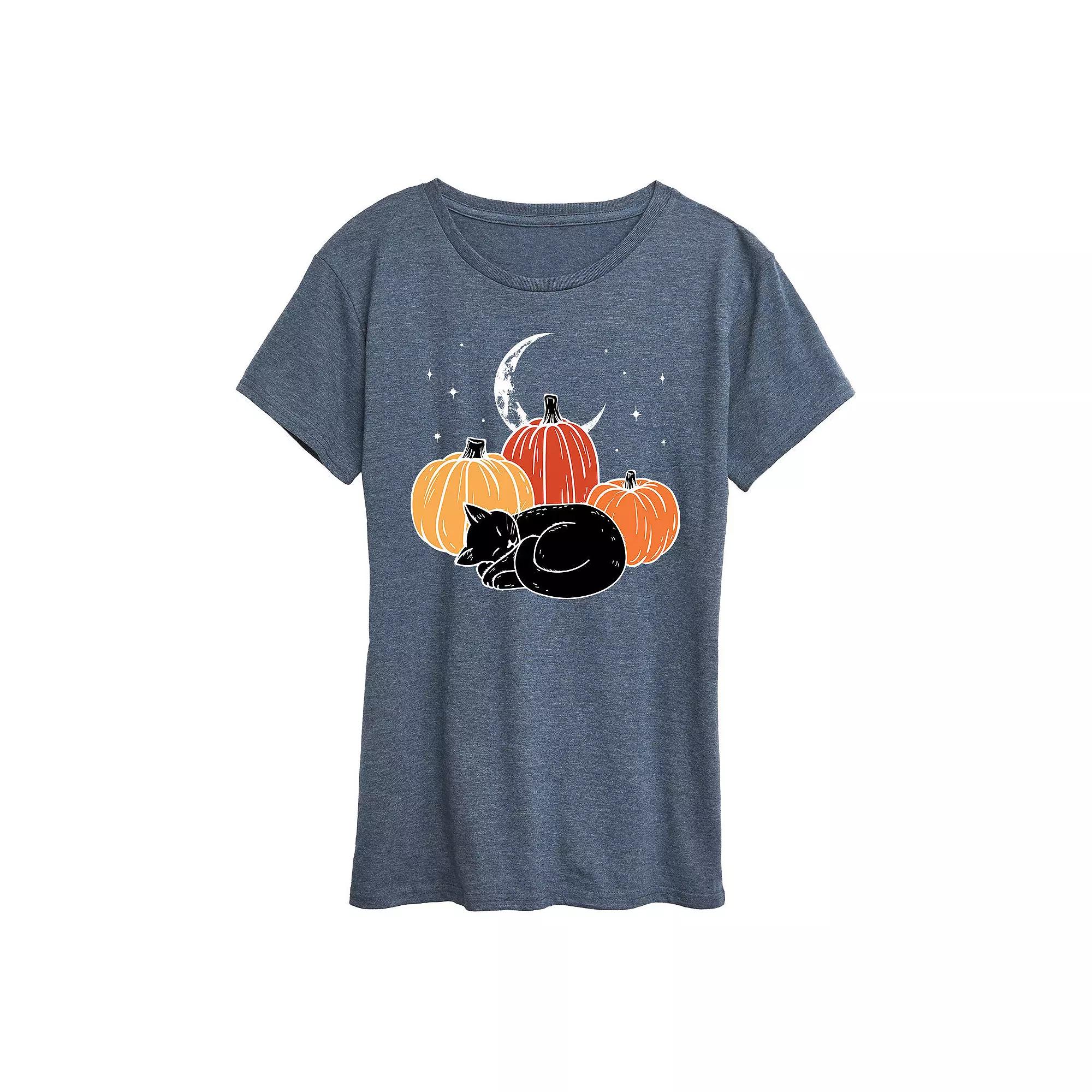 Women's Black Cat Pumpkin Nap Halloween Tee, Girl's,  Product Image
