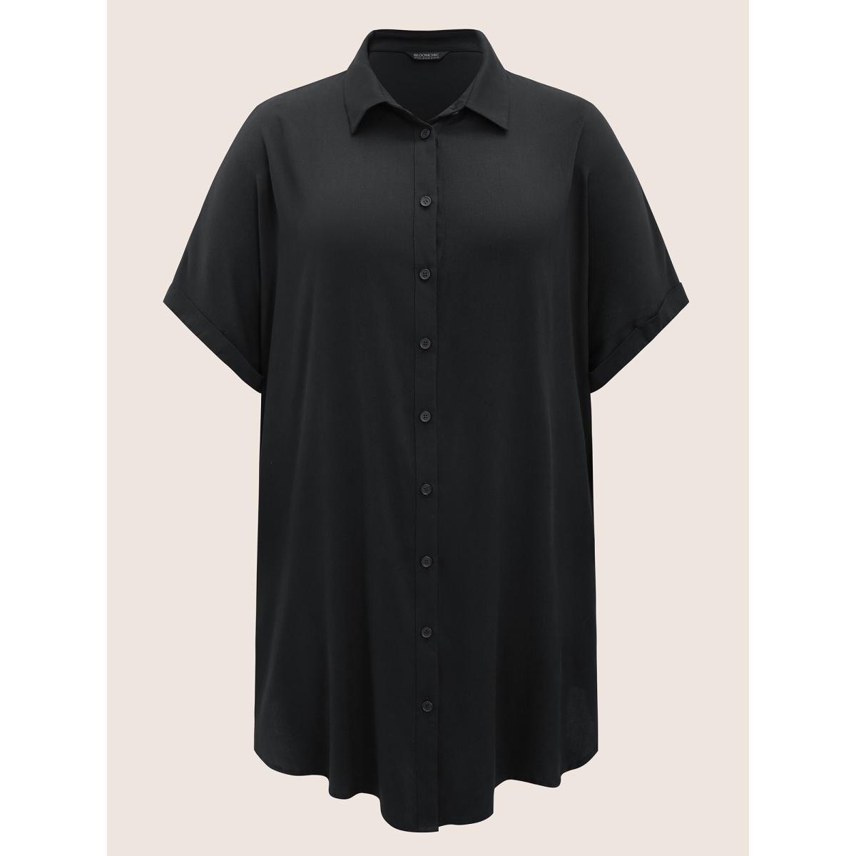 Plus Size Black Rayon Shirt Collar Cuffed Sleeve Pocket Blouse Women Casual Short sleeve Shirt collar Everyday Blouses BloomChic 18-20/2X Product Image