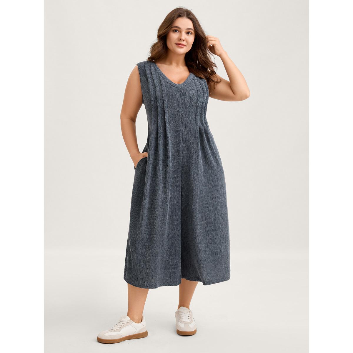 Plus Size Stone Stretchy Textured Pleated Wide-Leg Jumpsuit Women Sleeveless V-neck Casual Loose Jumpsuits BloomChic 22-24/3X Product Image