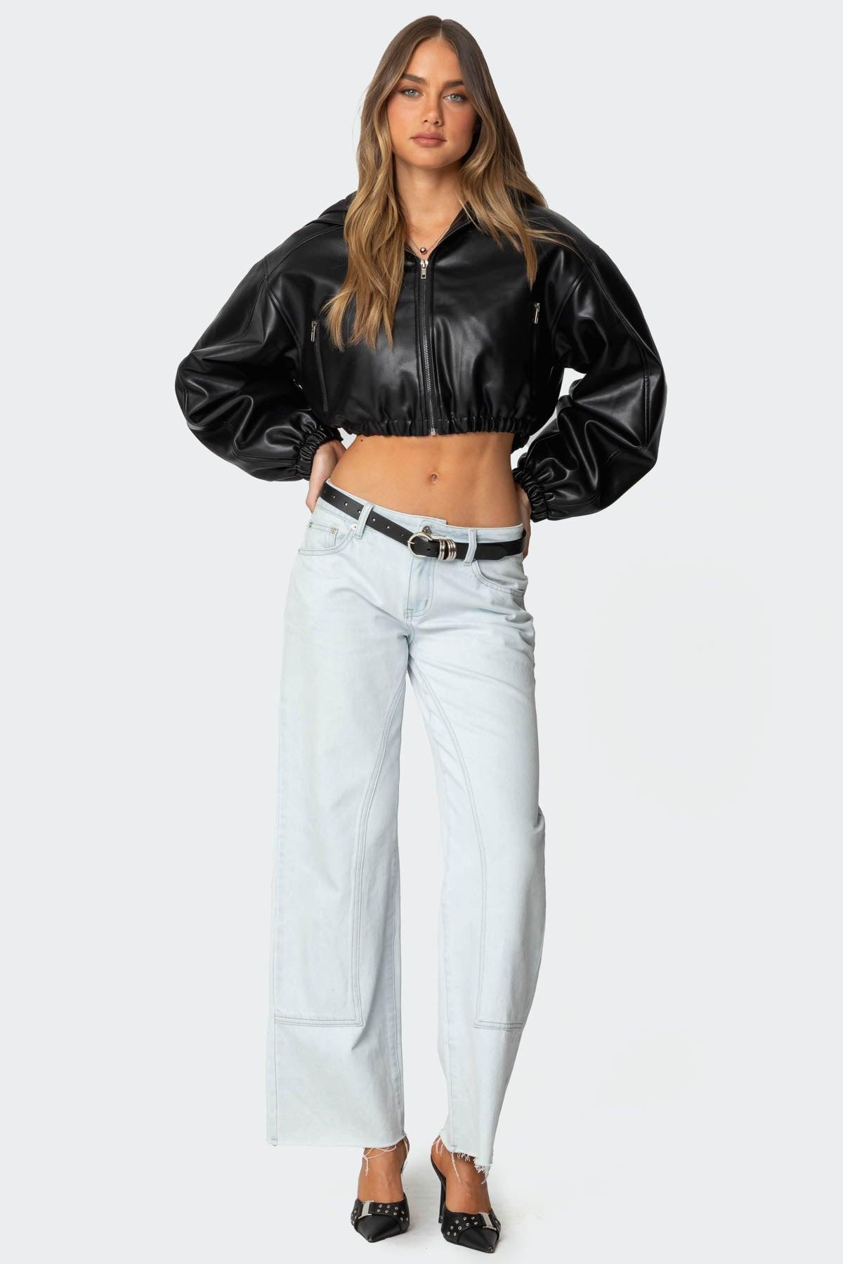 Hooded Faux Leather Cropped Jacket Product Image