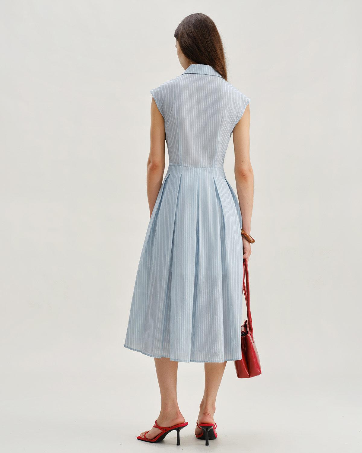 Blue Striped Cap Sleeve Midi Dress Product Image