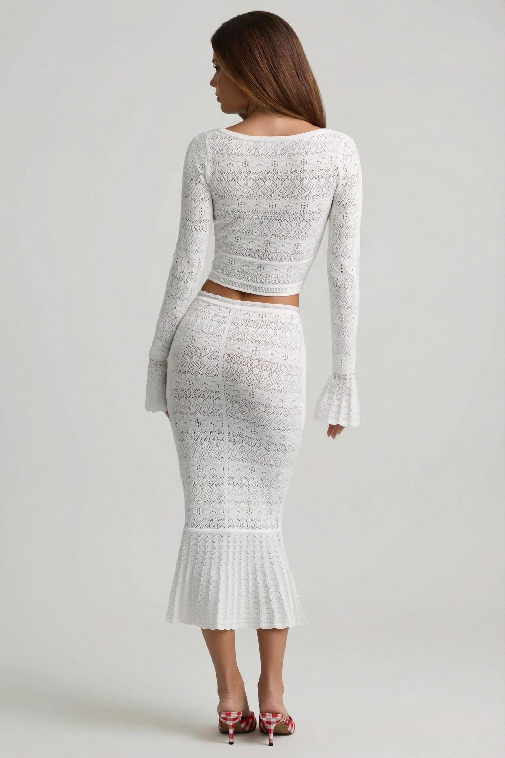 Ruffle-Trim Pointelle-Knit Midaxi Skirt in White Product Image