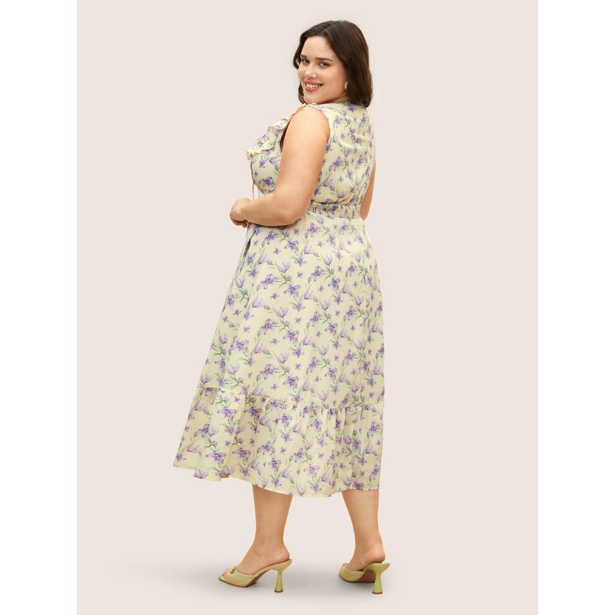 Plus Size Floral Ruffles Shirred Sleeveless Midi Dress Apricot Women Elegant Cross straps V-neck Sleeveless Curvy BloomChic 28/5X Product Image