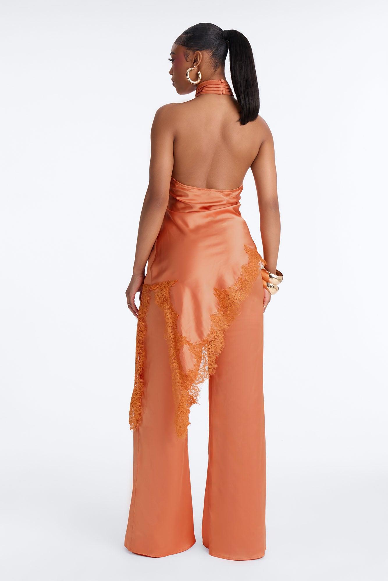 Angela Satin Lace Trim Pant Set - Orange Female Product Image