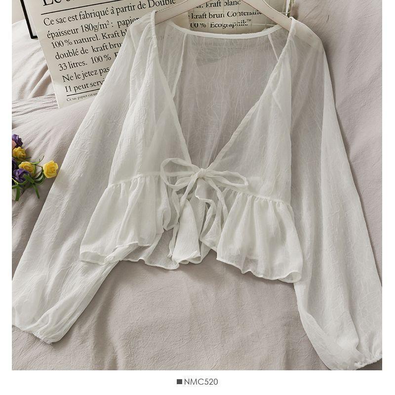 Tie-Waist Balloon-Sleeve Chiffon Cardigan Product Image