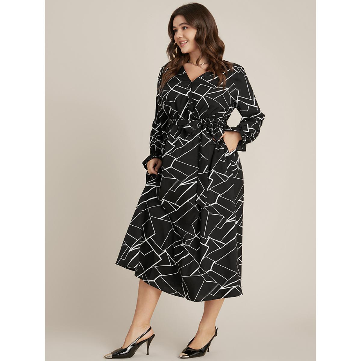 Plus Size Geometric Pocket Lantern Sleeve Wrap Belted Dress Black Women Office Belted V-neck Long Sleeve Curvy Midi Dress BloomChic 26/4X Product Image