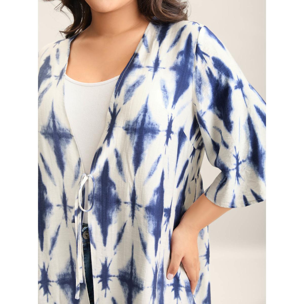 Plus Size Tie Dye Front-Tie Kimono Women Indigo Tie knot Loose Vacation Kimonos BloomChic 28/5X Product Image