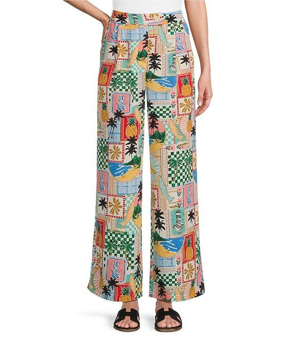 Skies Are Blue Postcard Printed High Waist Wide Leg Elastic Back Pant Product Image