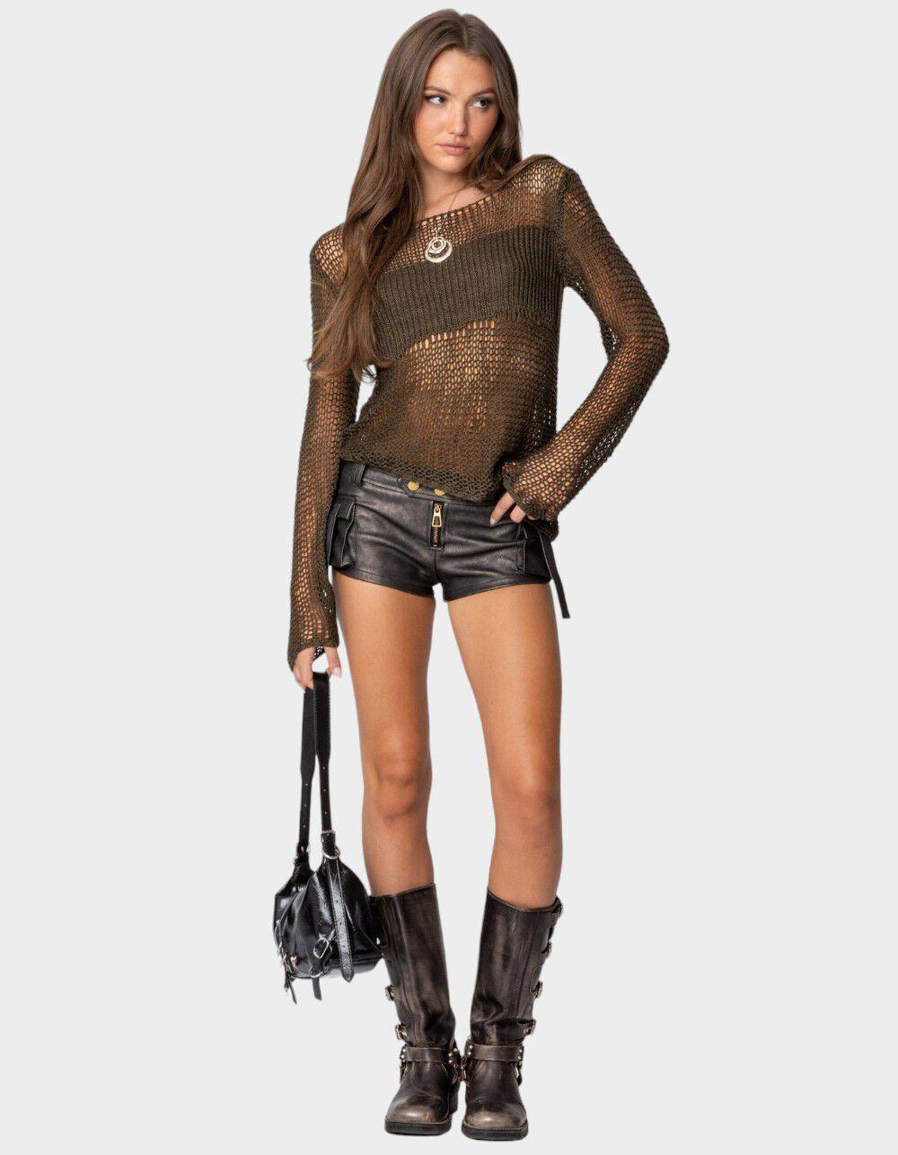 EDIKTED Asymmetric Open Knit Top - DK GREEN Product Image