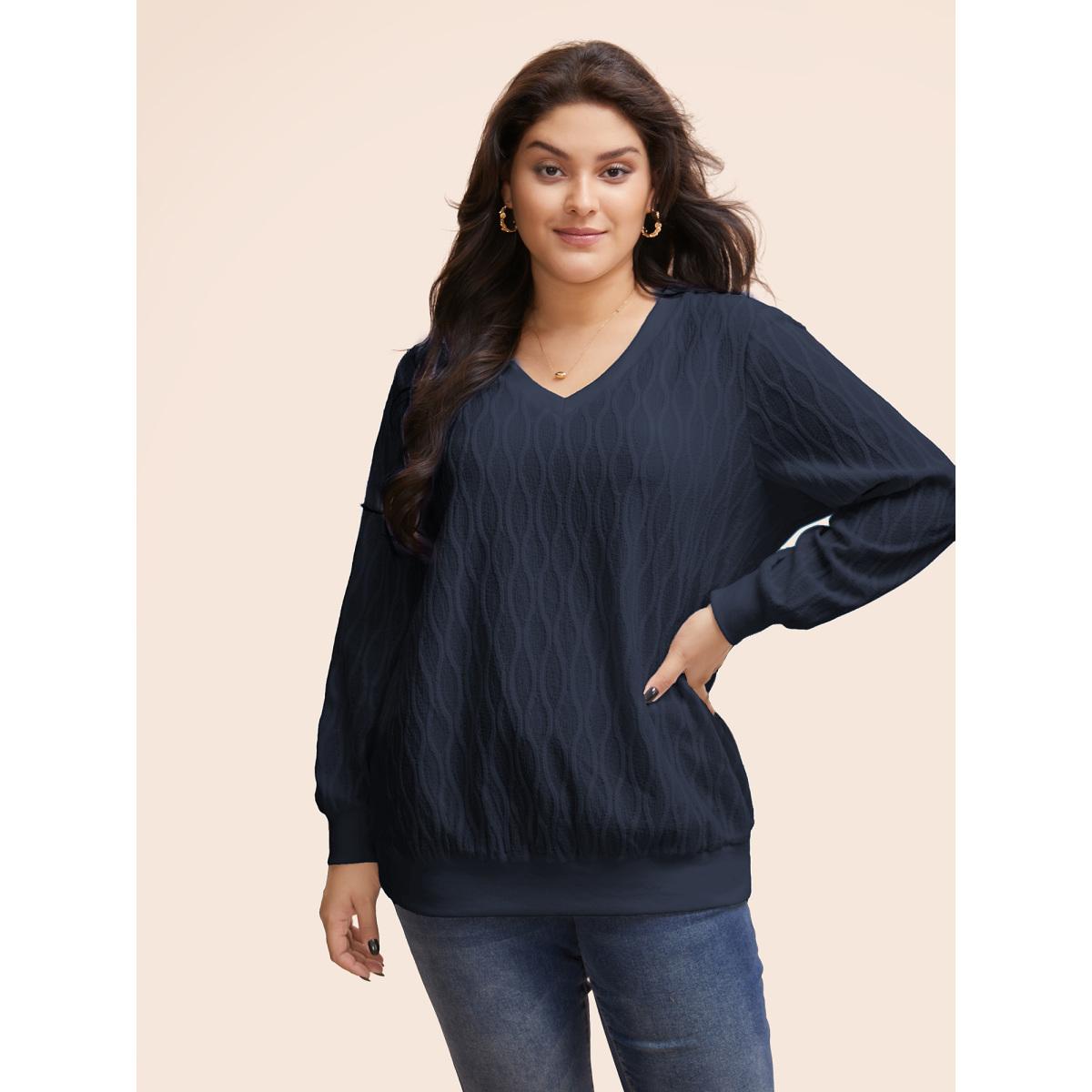 Plus Size Rib Knit Plain Elastic Cuffs Sweatshirt Women Indigo Timeless Non V-neck Elegant Sweatshirts BloomChic 12/L Product Image