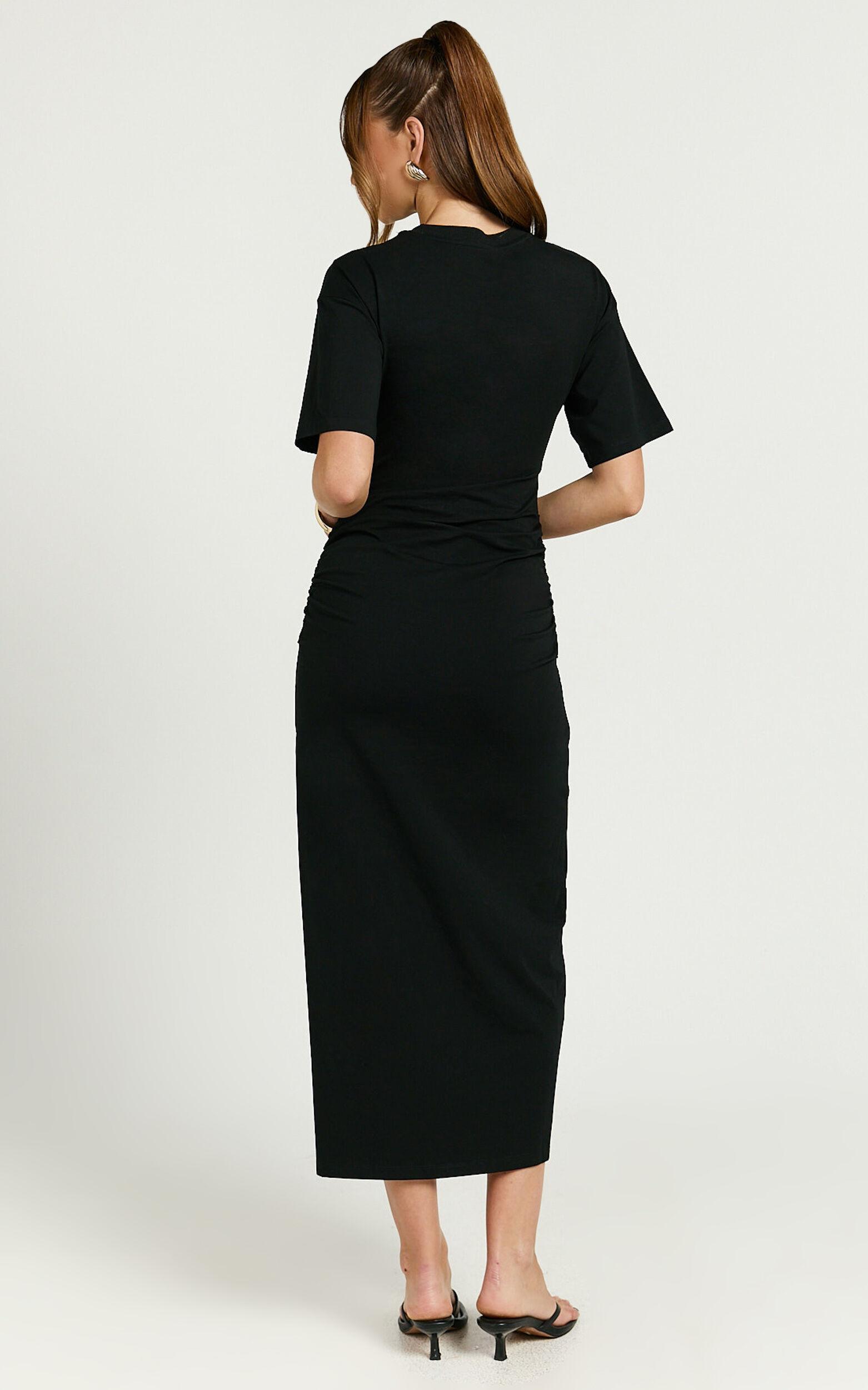 Lizzy Midi Dress - Jersey Ruched Side Split Dress in Black Product Image