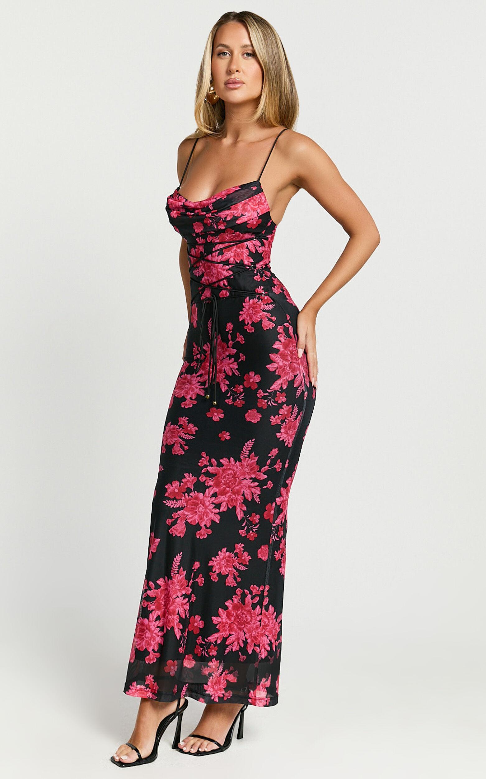 Ariel Midi Dress - Mesh Bodycon Tie Detail Dress in Black & Red Floral Product Image