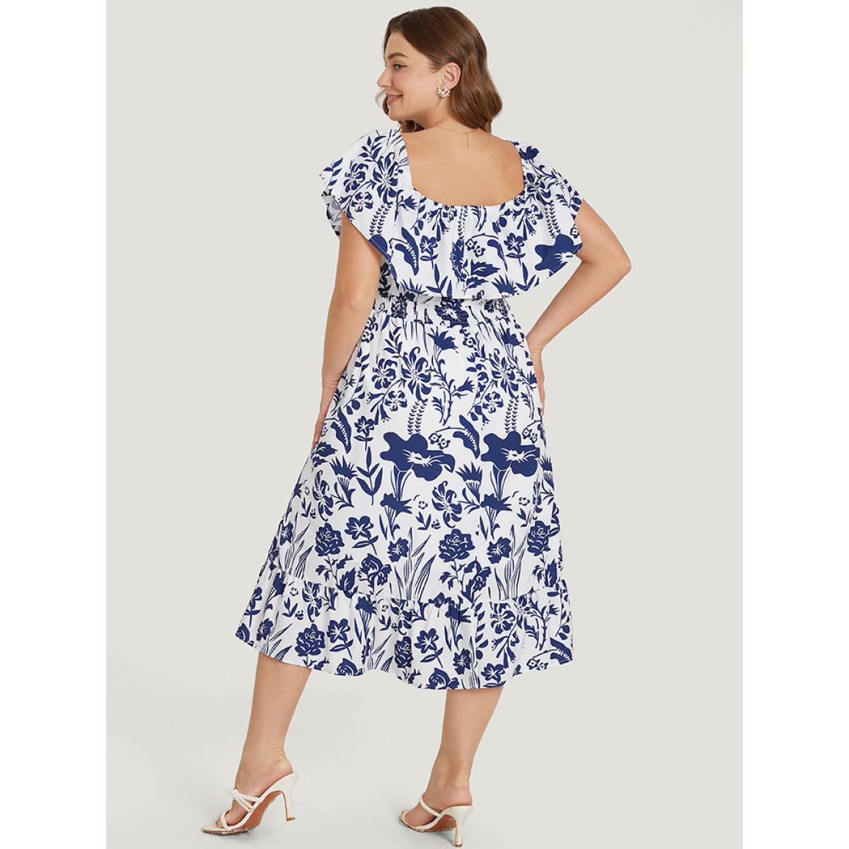 Plus Size Floral Ruffle Trim Square Neck Shirred Pocket Dress Blue Women Elegant Lined Square Neck Short sleeve Curvy Midi Dress BloomChic 26/4X Product Image