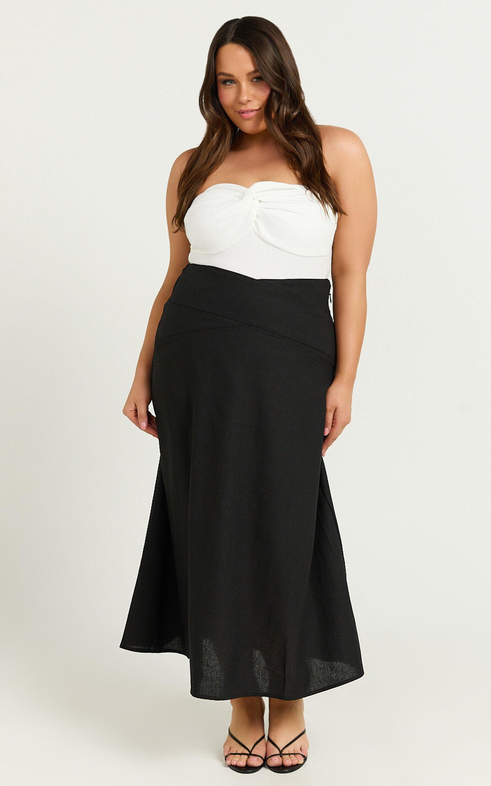 Sundry Midi Skirt - Linen High Waisted Cross Front Detail Skirt in Black Product Image