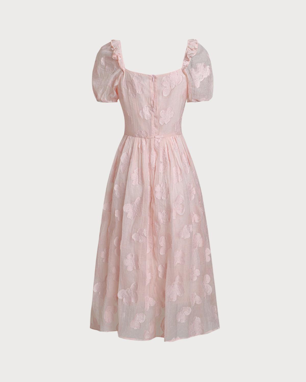 Pink Square Neck Puffed Sleeve Midi Dress Product Image