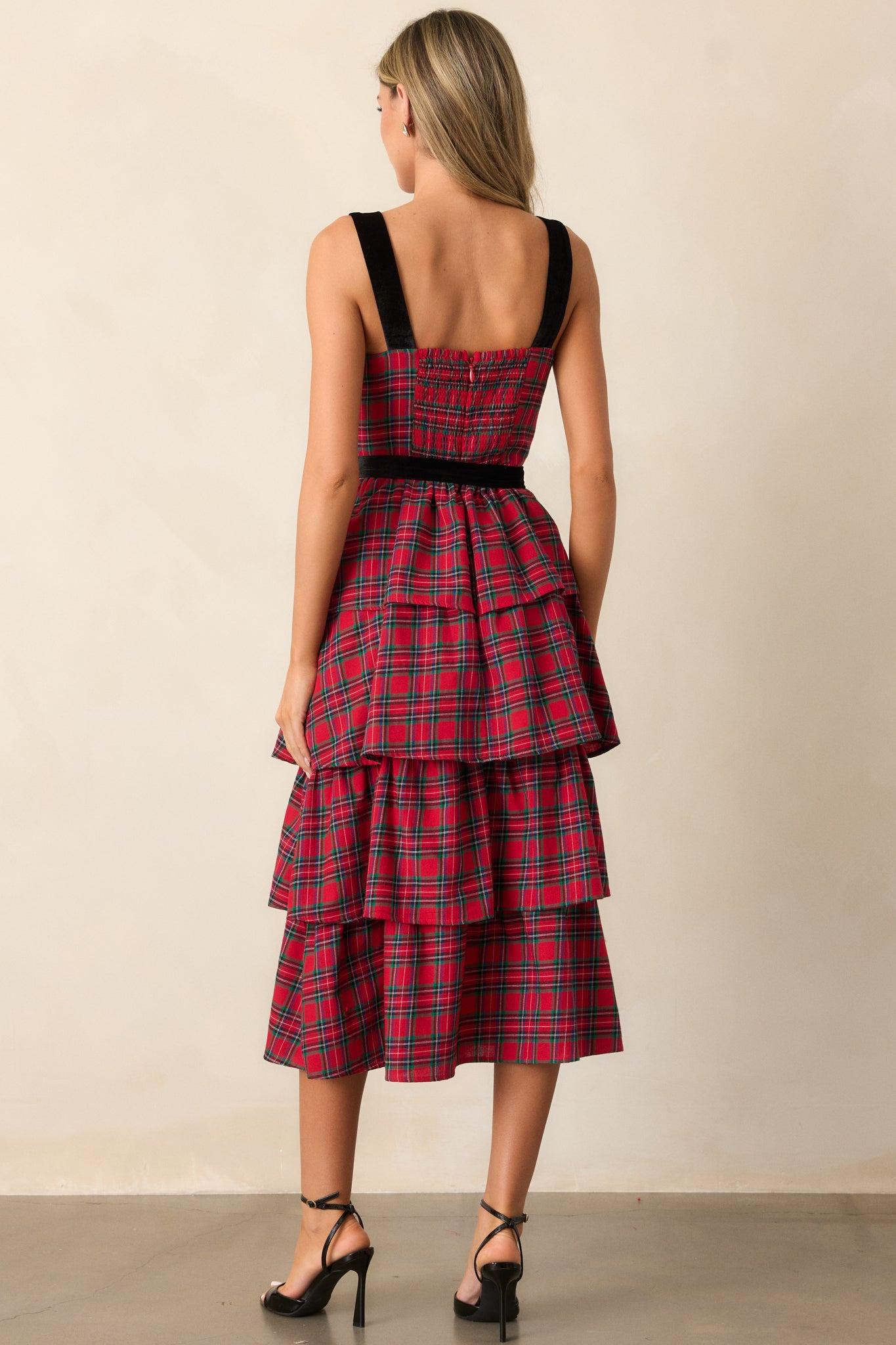 Elegance Defined Cotton Red Plaid Tiered Midi Dress Product Image