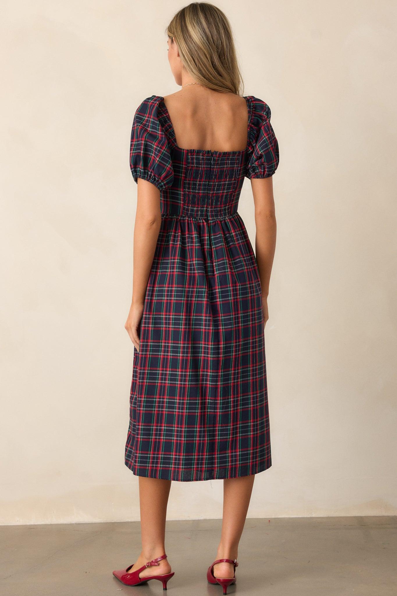 Always You Cotton Navy Plaid Puff Sleeve Midi Dress Product Image