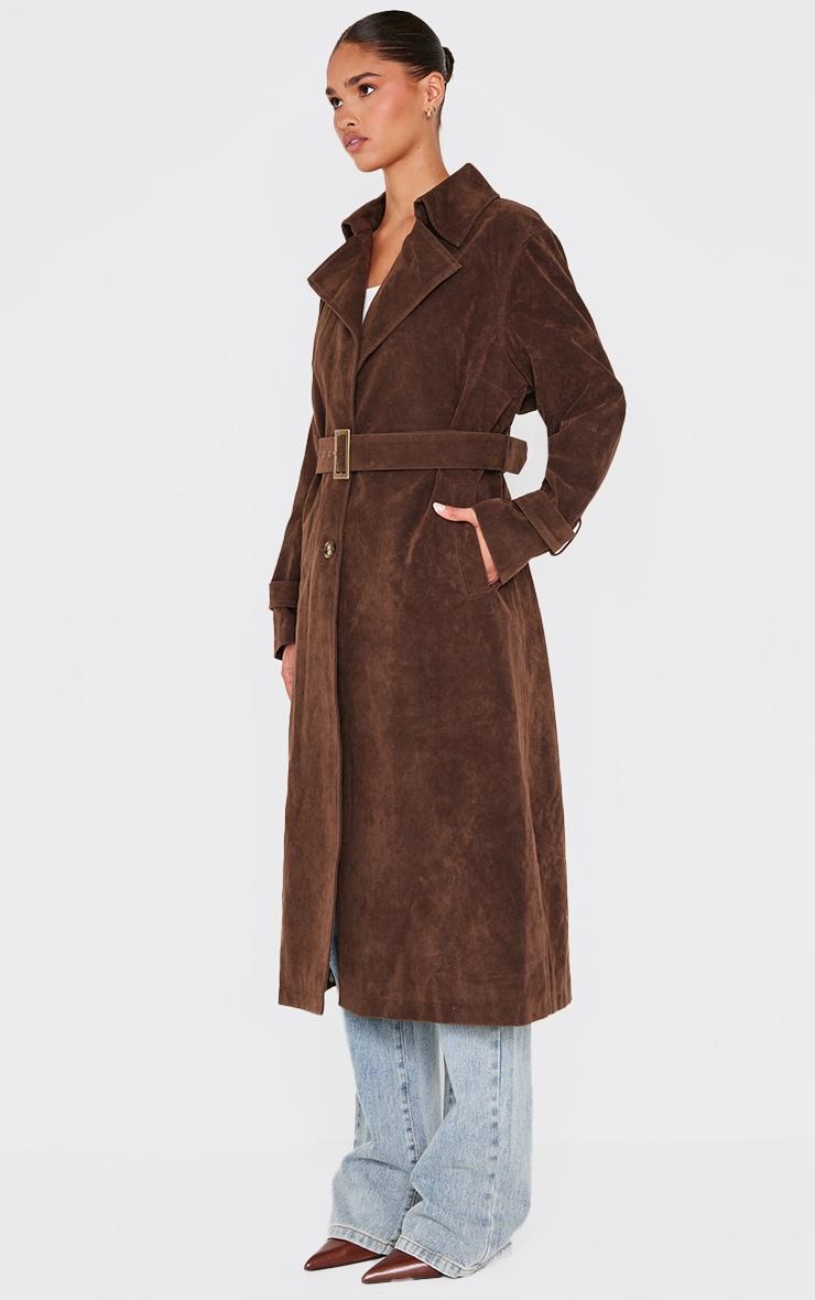 Chocolate Faux Suede Buckle Belt Trench Coat Product Image