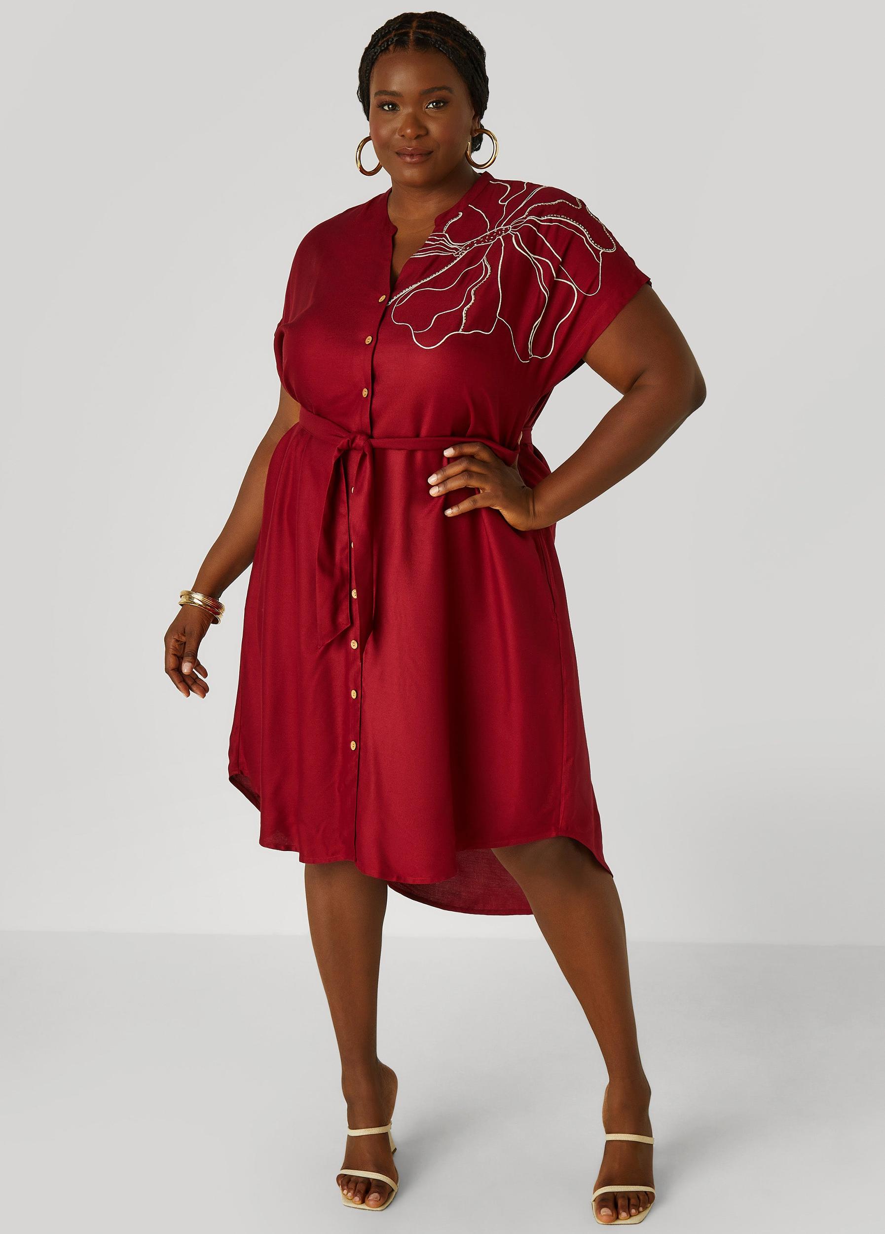 Plus Size Beaded Embroidered Midi Shirtdress Ashley Stewart Product Image