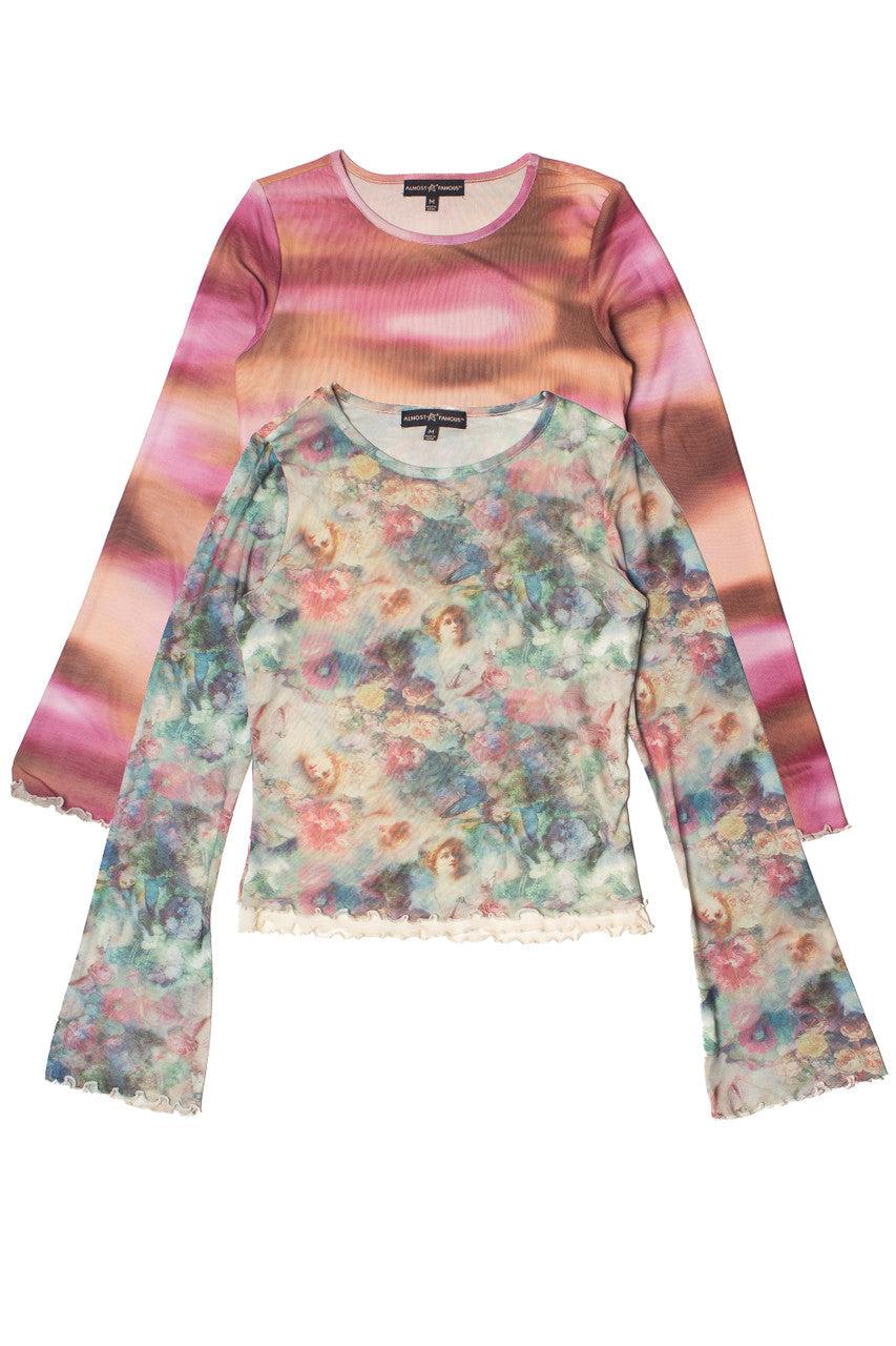 Long Sleeve Double Layer Printed Mesh Top Product Image