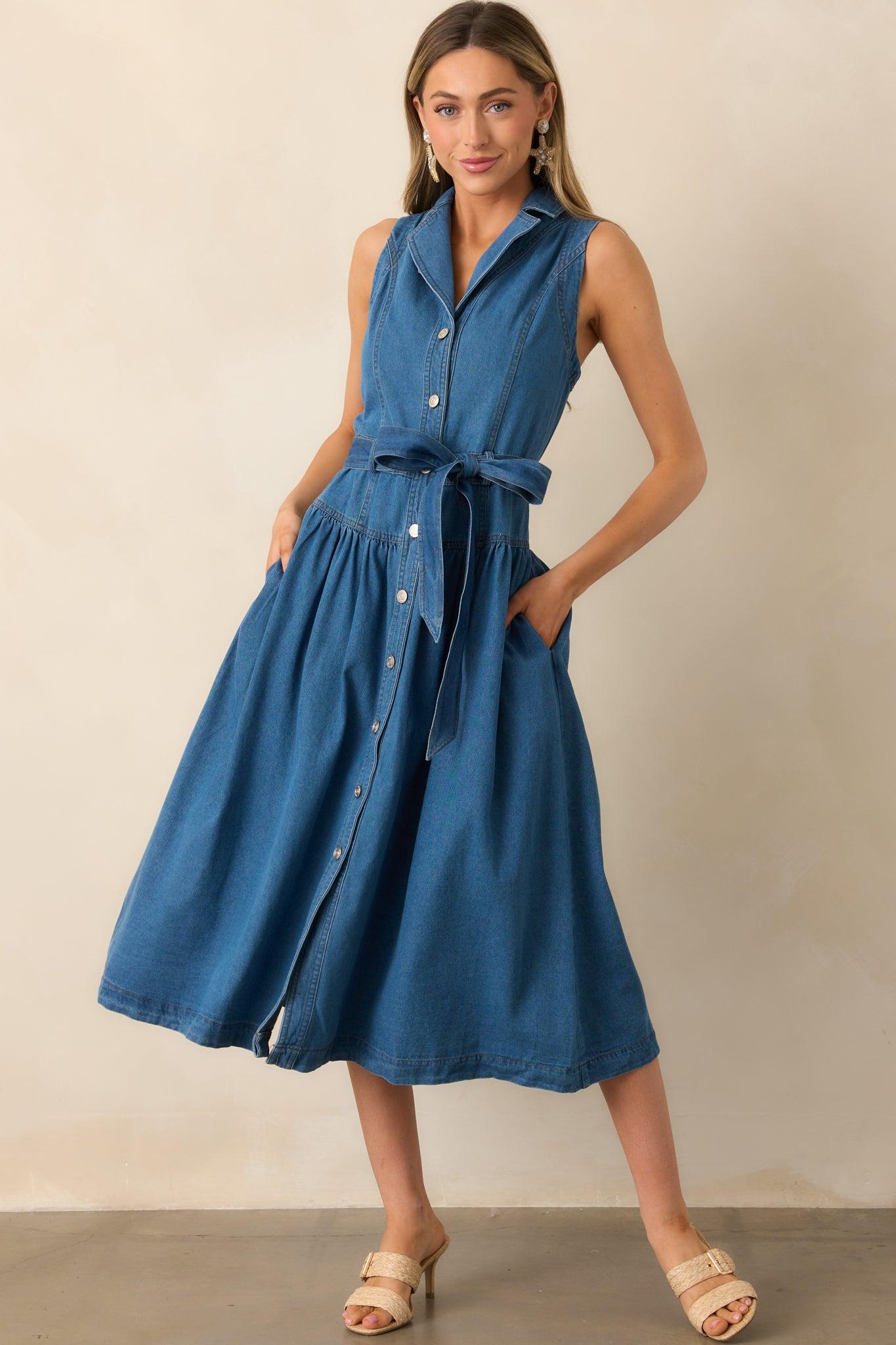 Riverside Sips Blue Denim Button Front Maxi Dress Product Image