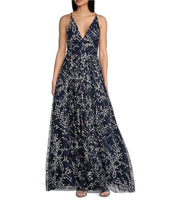 Blondie Nites Caviar Glitter Patterned V-Neck Sleeveless Tie Back A-Line Gown Product Image