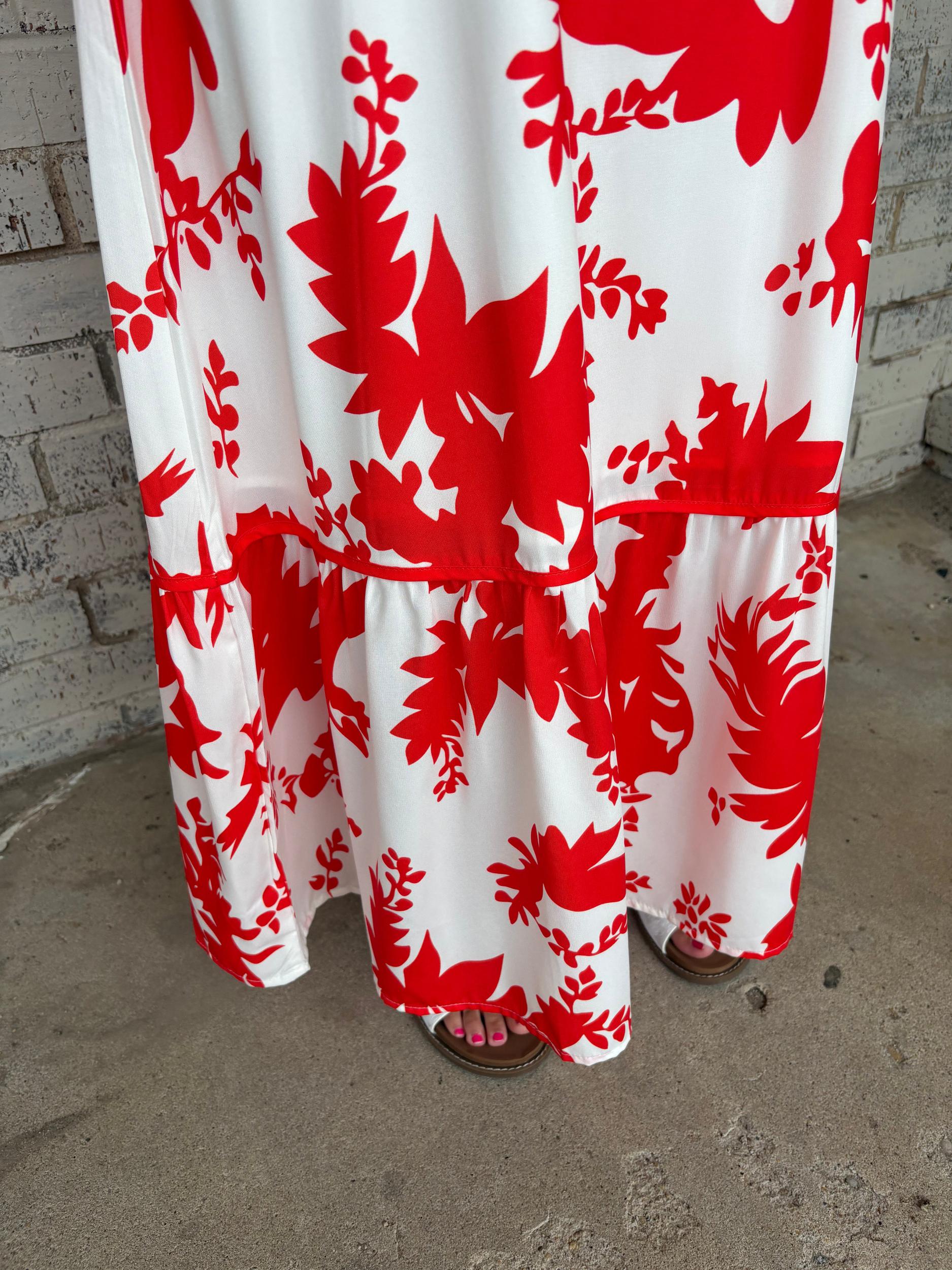 Floral Trimmed V-Neck Ruffle Sleeve Long Dress Product Image