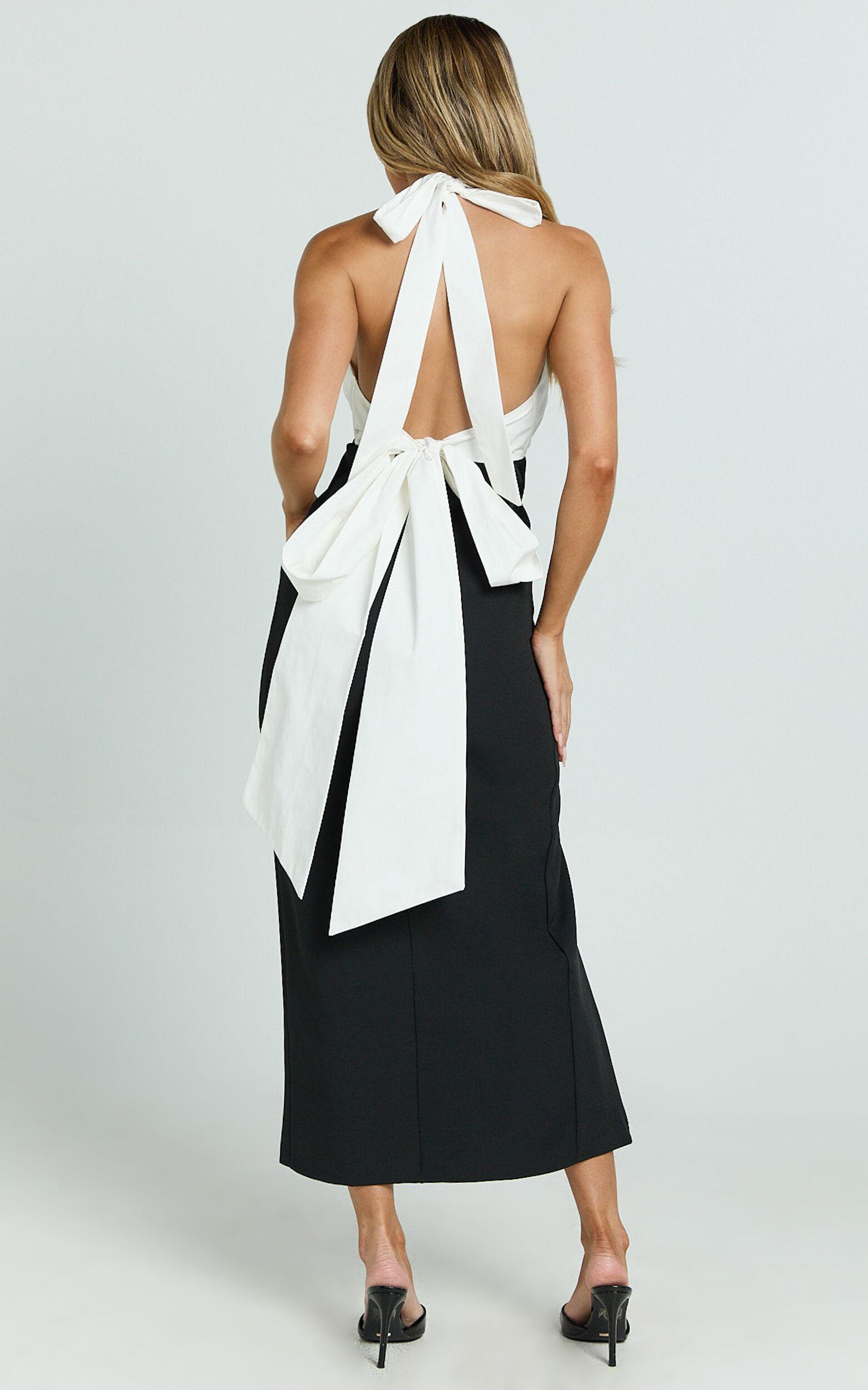 Kaitlin Midi Dress - Contrast Halter Plunge Tie Back Fitted Dress in Black Product Image