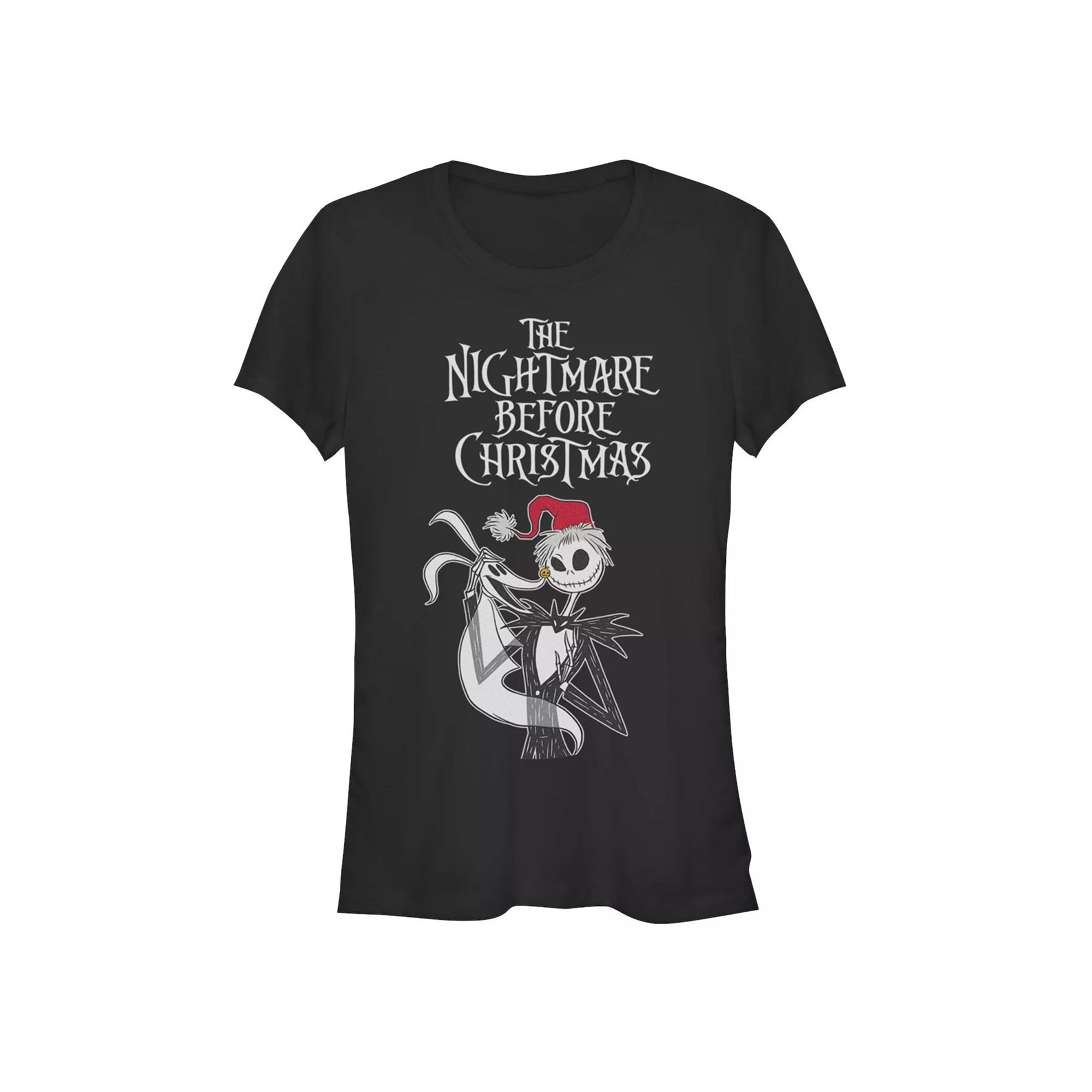 Disney's The Nightmare Before Christmas Jack Skellington And Zero Santa Hat Juniors' Fitted Graphic Tee, Girl's,  Product Image