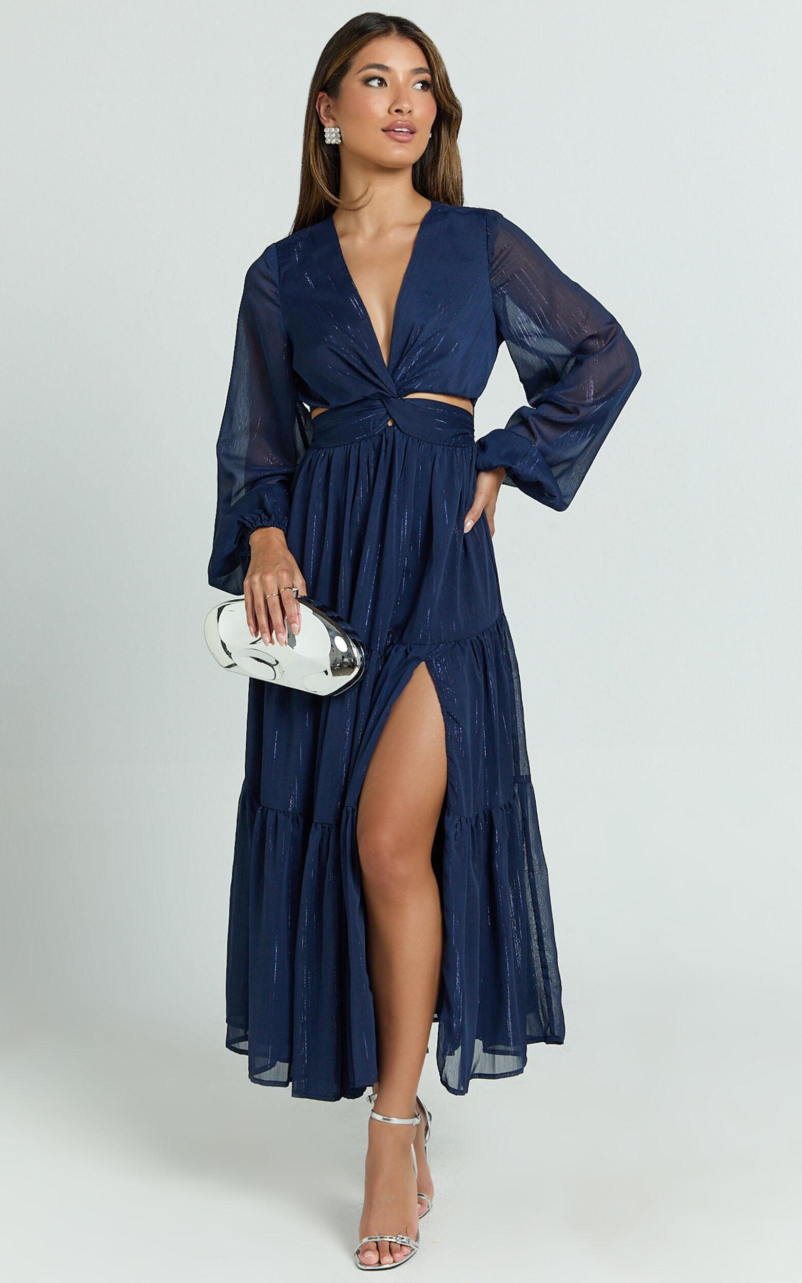 Edelyn Midi Dress - Cut Out Balloon Sleeve Tiered Dress in Navy Product Image