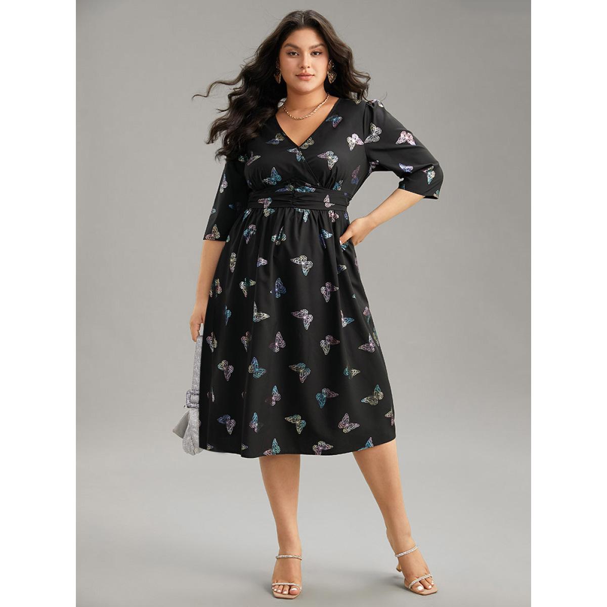 Plus Size Butterfly Glitter V Neck Ruched Dress Black Women Party Wrap Overlap Collar Half Sleeve Curvy Midi Dress BloomChic 26/4X Product Image