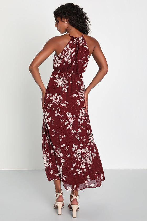 Instinctive Impression Wine Red Floral Print Clip Dot Maxi Dress Product Image