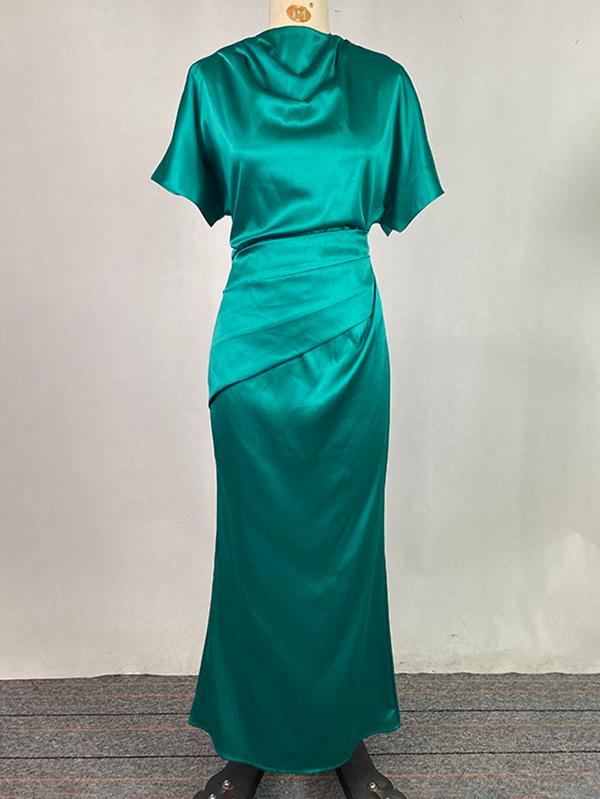 Loose Short Sleeves Pleated Solid Color Maxi Dresses Product Image
