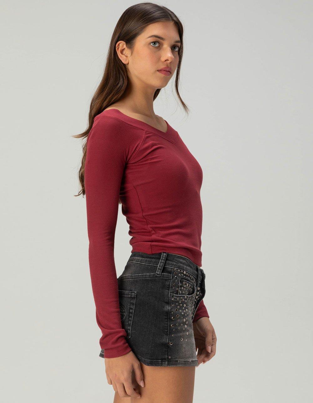 BDG Urban Outfitters Shannen Ribbed V-Neck Womens Long Sleeve Top - BURGUNDY Product Image
