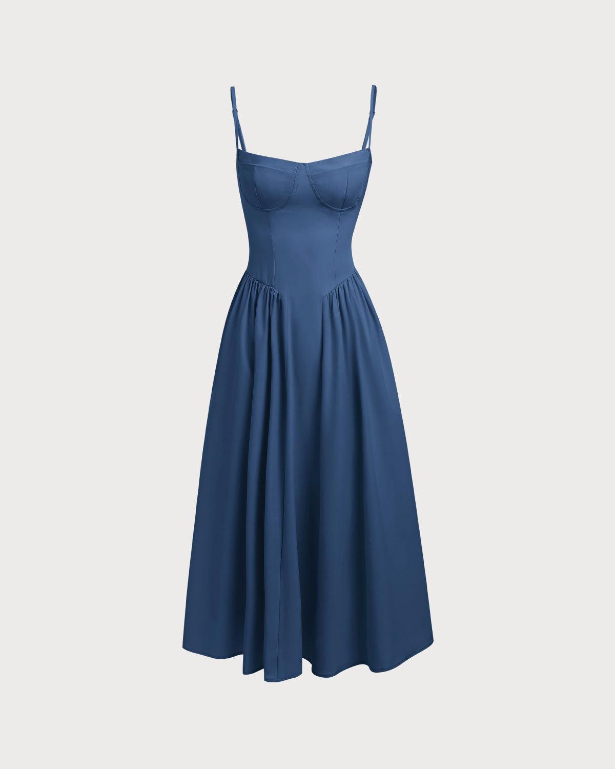 Navy Square Neck Pocket Slip Midi Dress Product Image