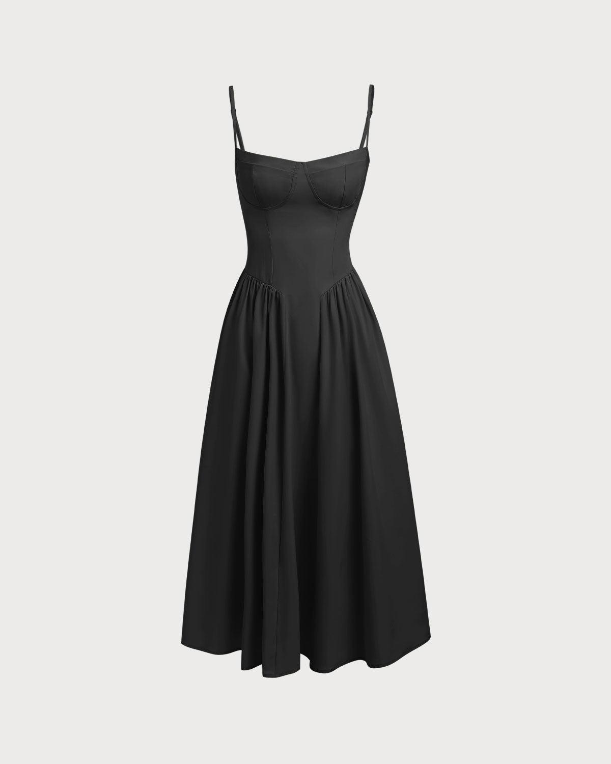 Black Square Neck Pocket Slip Midi Dress Product Image