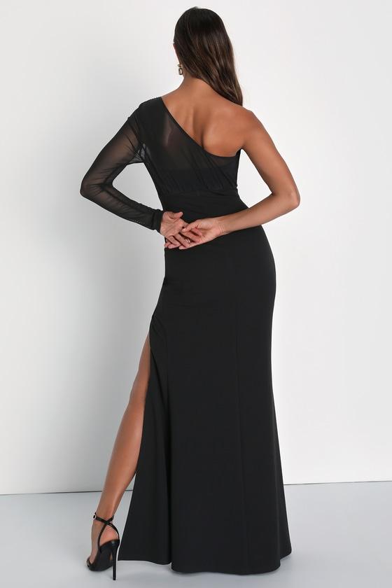 Stunning Essence Black Mesh One-Shoulder Mermaid Maxi Dress Product Image