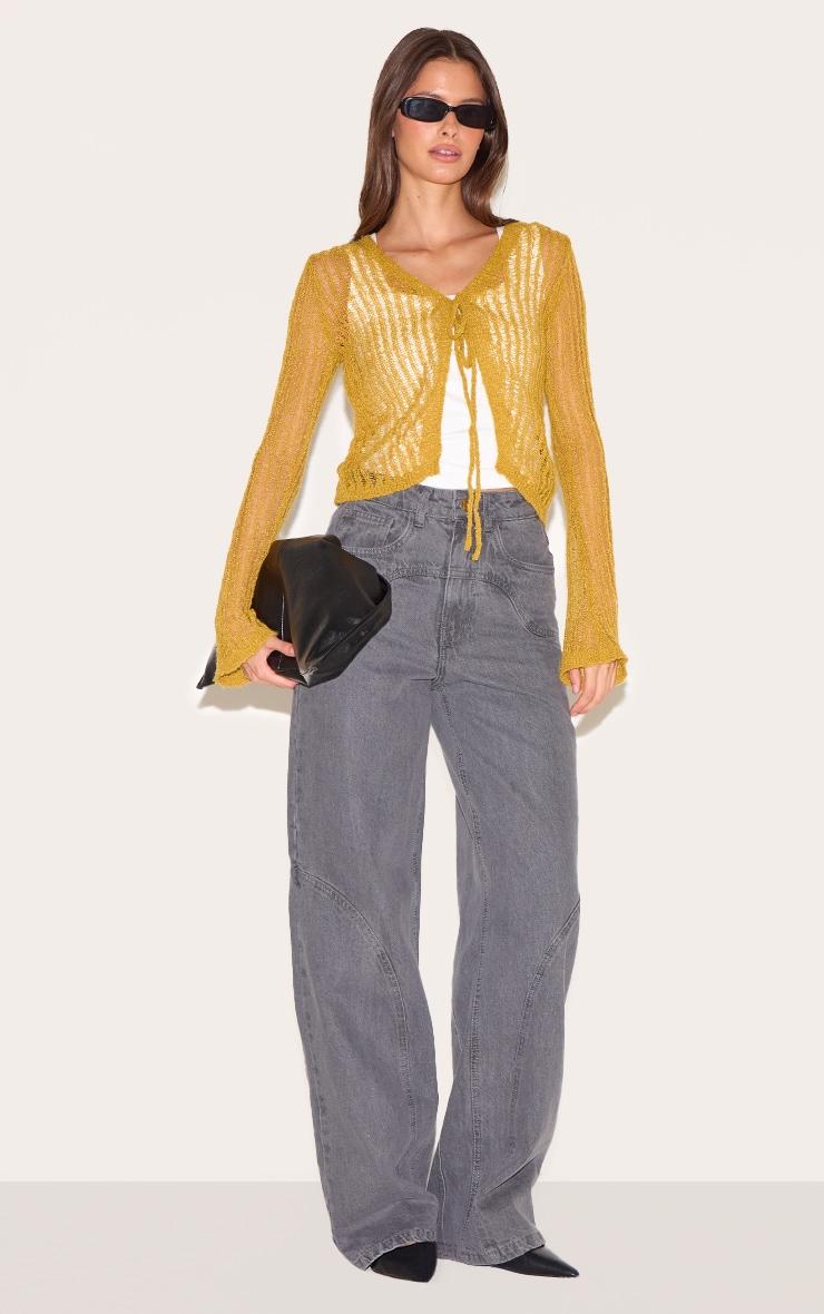 Olive Ladder Knit Sheer Cropped Tie Front Top Product Image